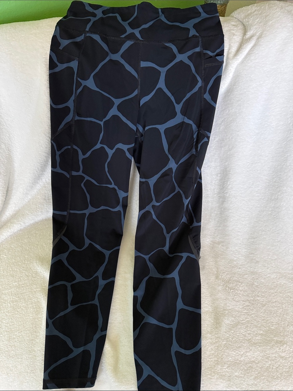 Sweaty Betty Black Leggings with Blue Giraffe-Style Print